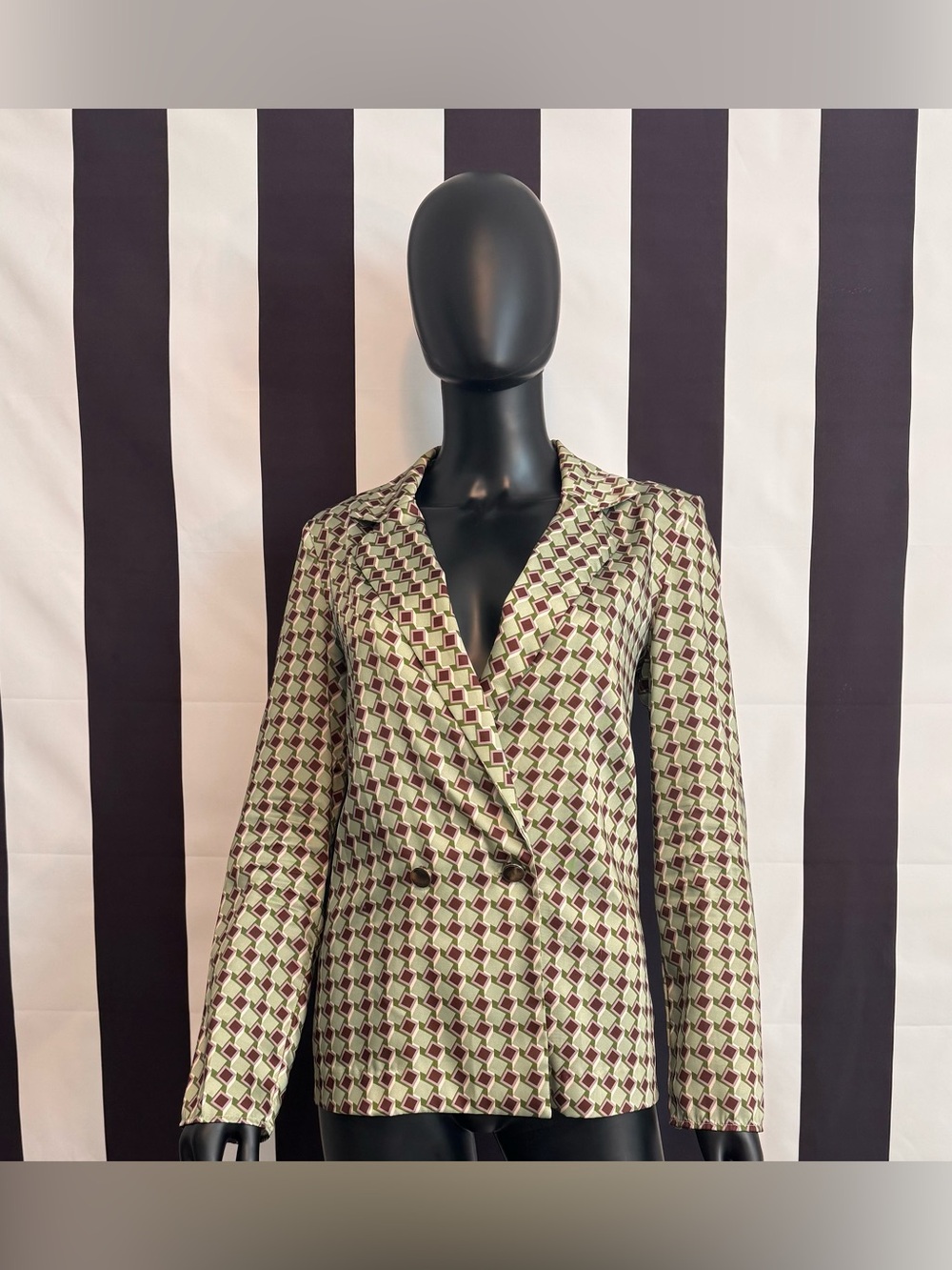 Mango Geometric Double-Breasted Blazer in Green & Burgundy